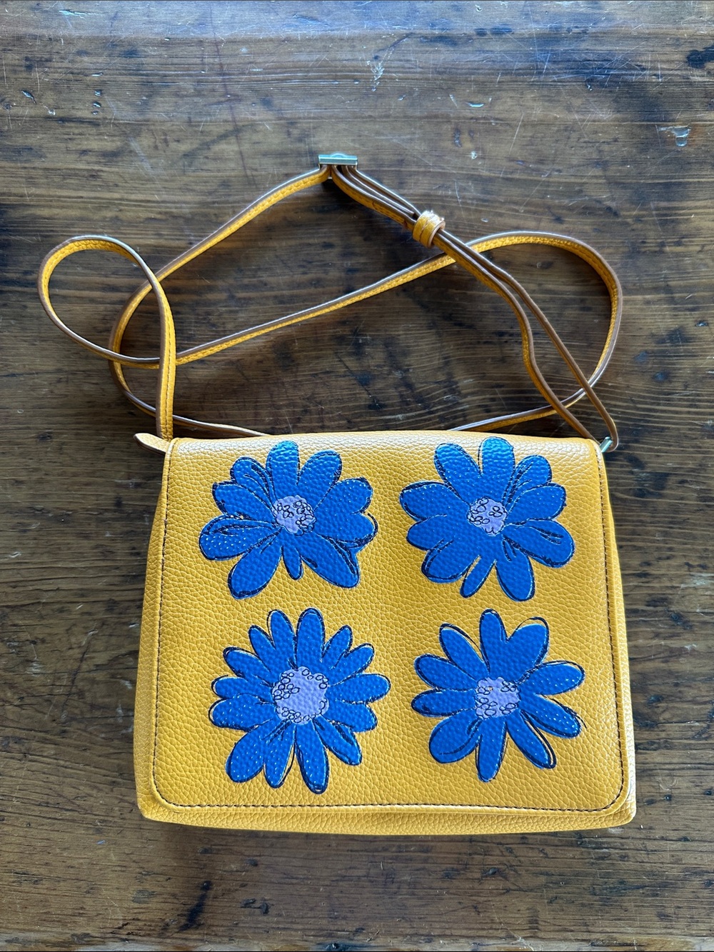 Vera Bradley Yellow Crossbody with Blue Floral Appliqués